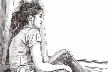 Poster - A girl sitting on a window sill, suitable for various concepts