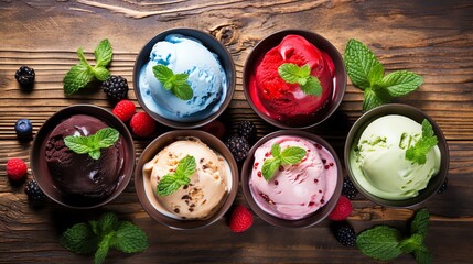 A variety of delicious ice cream flavors are available, including chocolate, vanilla, strawberry, pistachio, and mint. Which one is your favorite?