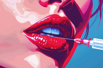Poster - Close up of a woman's mouth with a pair of scissors. Suitable for dental or medical concepts