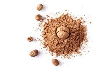 Poster - A pile of nuts and powder on a white surface. Ideal for food or cooking concepts
