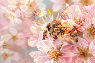 Poster - A bee sitting on a colorful flower. Suitable for nature and garden themes