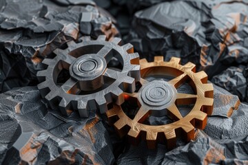 Poster - Close up of two gears on a rocky surface, suitable for industrial concepts