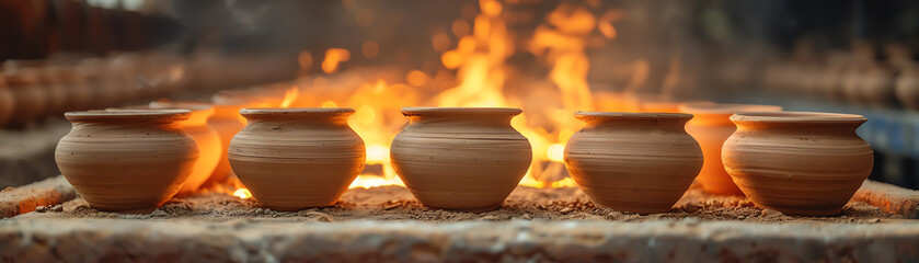 A row of clay pots being fired in a kiln.