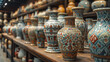 A shelf full of colorful and intricately patterned ceramic vases.