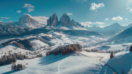 Aufkleber - A picturesque view of snowy mountain range with trees and mountains in the background. Ideal for nature and travel concepts