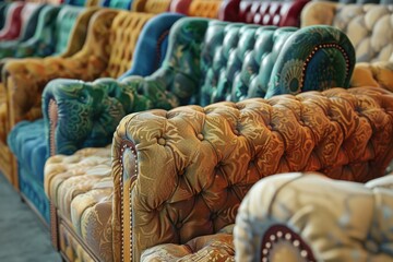 Poster - A row of colorful couches in a room, suitable for interior design concepts