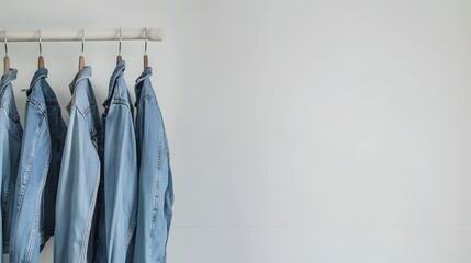 Wall Mural - Neatly Arranged Blue Denim Jeans Hanging in a Minimalist Wardrobe Setting