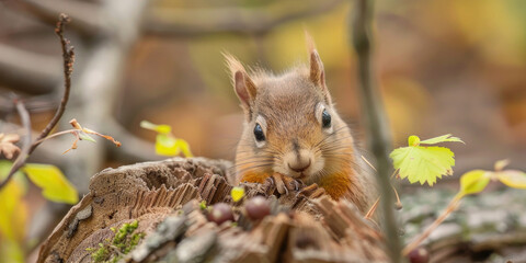 Poster - A squirrel perched on a tree stump, ideal for nature themes