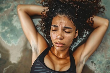 Wall Mural - A woman wearing a tank top standing with her hands placed on her head in a relaxed pose