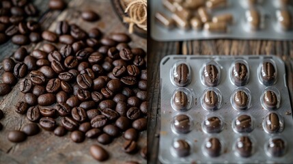 Wall Mural - Two different views of coffee beans and pills