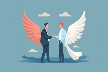 Poster - Two men shaking hands with wings on a blue background. Suitable for business or teamwork concepts