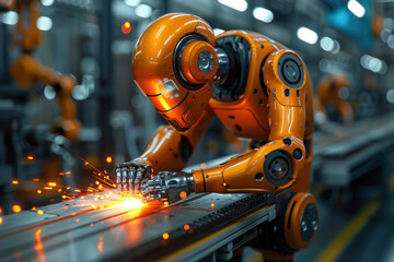 Poster - A robot is working on a machine in a factory. The robot is orange and has a metallic look. The scene is industrial and the robot appears to be focused on its task