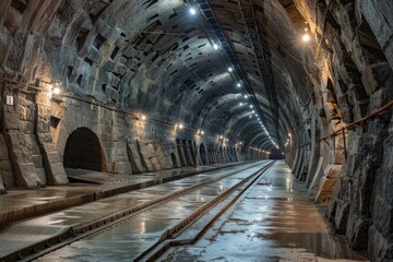 Poster - A train is coming down the tracks in a tunnel. Suitable for transportation and travel concepts