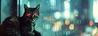 A digital painting of a cyberpunk cat with glowing red eyes, sitting on a windowsill and looking out at a rainy cityscape