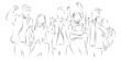 Hand drawn line art vector of teenager standing together carrying books and headphones. Excited young students. Students protest.