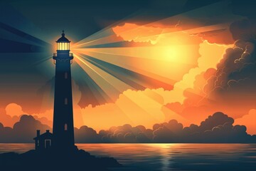 Poster - A picturesque lighthouse standing in the middle of a calm body of water. Perfect for nautical themed designs