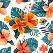 Seamless pattern with tropical flowers and leaves on a white background, design in warm orange and green tones. Perfect for textiles and art projects. Vector Illustration.