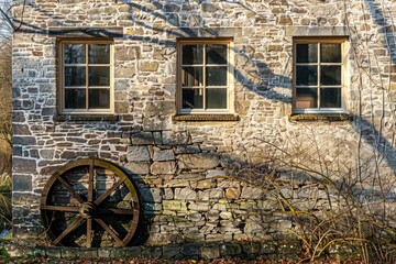 Poster - A picturesque stone building with a charming water wheel in front. Suitable for historical, rural, or architecture themes