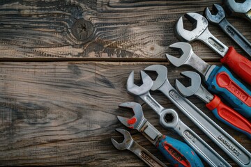 Poster - Various wrenches neatly arranged on a wooden table. Ideal for construction or DIY projects