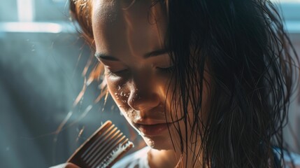 Poster - A woman holding a comb in her hand. Suitable for beauty and haircare concepts