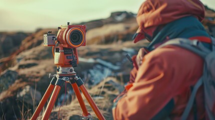 Poster - A man standing with a camera on a tripod. Suitable for photography and technology concepts