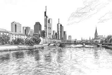 Poster - Detailed black and white drawing of a city skyline. Suitable for urban themes