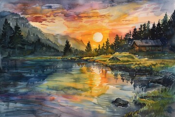 Poster - Beautiful sunset painting over a tranquil lake. Perfect for home decor or nature-themed projects