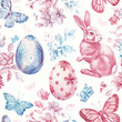 Easter Seamless Pattern Featuring Eggs, Bunnies, and Butterflies Hand-Painted in Pastel Colors. Perfect for Backgrounds or Wallpapers