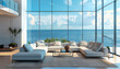 Sleek modern living room interior, floortoceiling windows with unobstructed sea views, serene and stylish