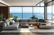Sophisticated living room setup with a sectional sofa facing the sea, large open windows, modern tranquility
