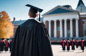 Graduate person on university background. Back view of man in black graduation hat with tassel and robe 