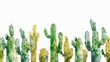 A watercolor painting of various cacti in a desert setting
