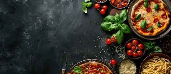 Italian cuisine on a dark backdrop featuring pasta and pizza from a top angle with empty space for text.