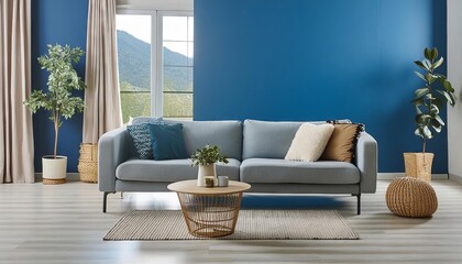 Wall Mural - Modern living room interior, minimalistic, cool blue walls, cozy furniture