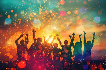 Poster - A group of people raising their hands in the air. Suitable for team success and celebration concepts