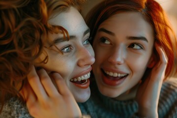 Poster - Two women with red hair smiling and embracing. Suitable for friendship and diversity concepts