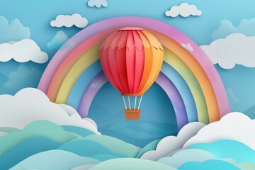 Poster - Colorful hot air balloon soaring over a vibrant rainbow, perfect for travel or adventure concepts