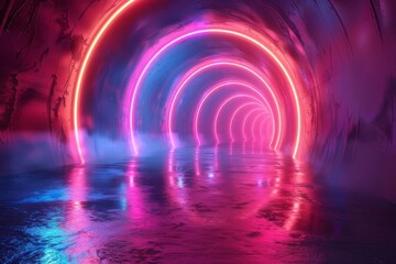 Poster - A mesmerizing 3D-rendered image showing a neon-lit tunnel in vivid pink and blue hues, suggesting advanced technology or a journey