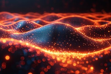 Poster - Abstract image capturing the dynamic flow of glowing digital wave particles creating a sense of movement and energy