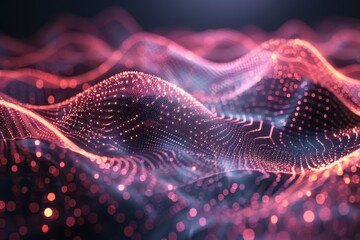 Poster - The image depicts a futuristic wave of digital particles in red and blue, illustrating technological advancement