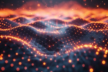 Poster - This is an intricate depiction of abstract network waves, highlighted by subtle blue tones against a backdrop of vibrant oranges