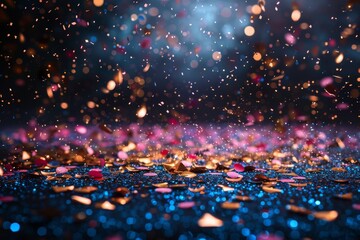 Poster - Sparkling confetti and shiny particles scattered over a vivid blue background suggesting a festive occasion
