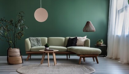 Wall Mural - Modern living room interior, minimalistic, beautiful green walls, cozy furniture