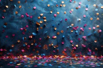 Poster - Multiple pieces of colorful paper and glitter raining down against a bright blue backdrop indicating celebration