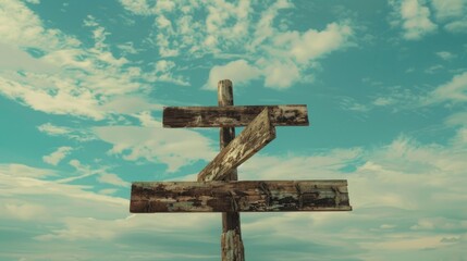 Poster - A wooden sign with a clear blue sky background. Ideal for outdoor and nature-themed designs
