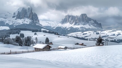 Poster - A picturesque snowy mountain range with a cozy cabin, perfect for winter themes and travel concepts