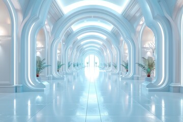 Poster - This stunning image showcases a gleaming white corridor with architectural arches leading toward a luminous end; perfect for modern design concepts