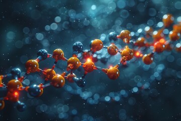 Poster - A vibrant 3D rendering of a DNA molecule with detailed atoms in orange and blue, symbolizing life and scientific discovery