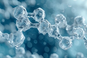 Poster - An abstract close-up of a molecule structure with spherical elements, rendered in calming shades of blue, signifying clean technology