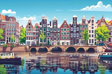 Aufkleber - A painting of a city with a bridge over a river. Suitable for travel brochures or city tourism websites